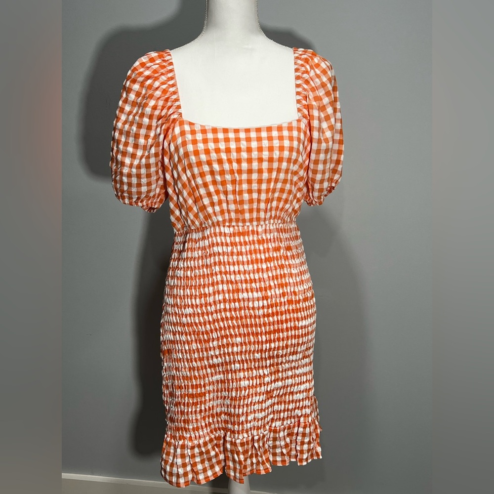 Adelyn Rae Orange Checkered Puff Sleeve Mini Dress